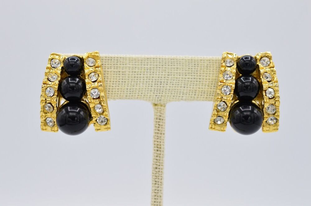 Vintage Black Cabochon Earrings Rhinestone Crystal Gold Chunky Shiny 1980s BinAE